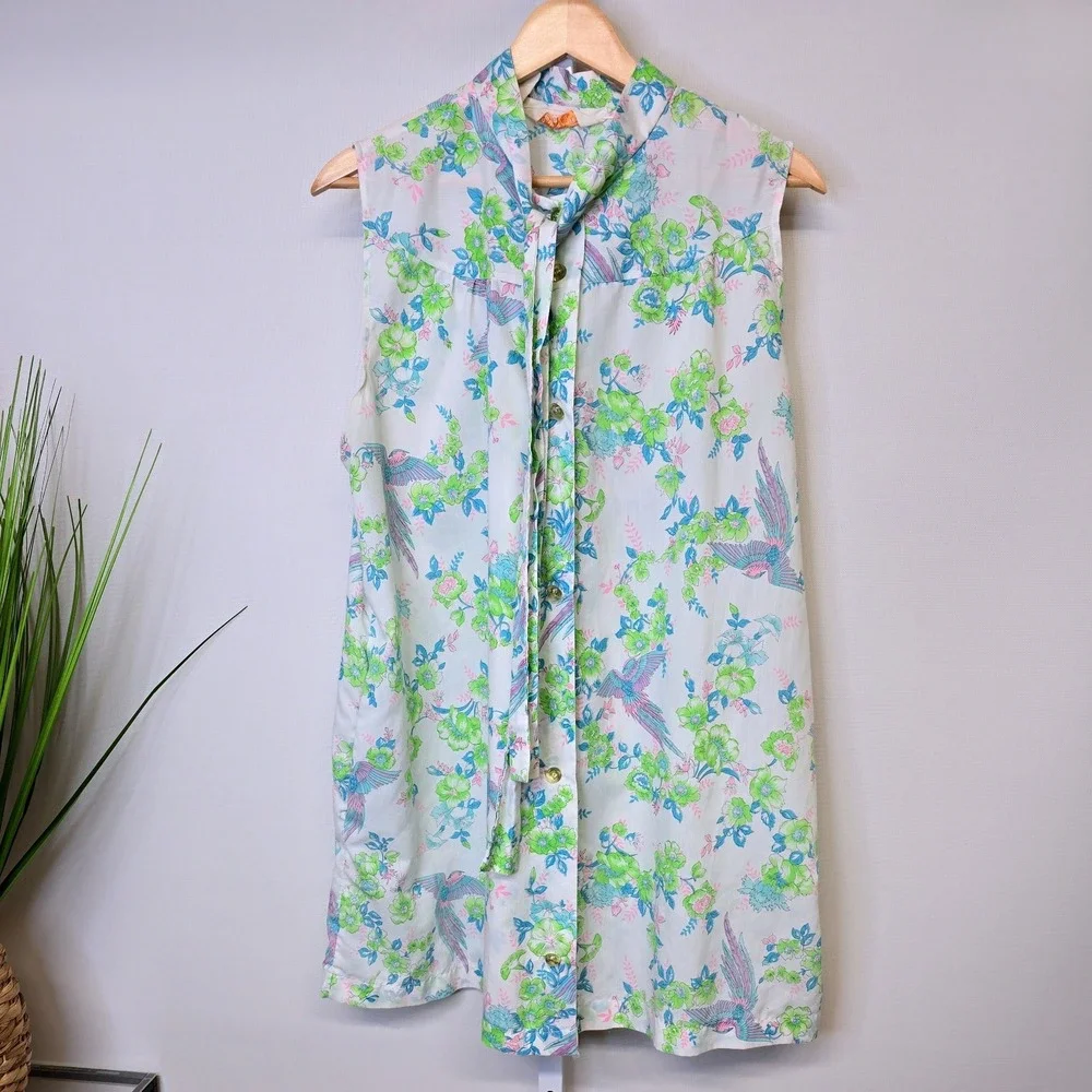 Vintage Sears Perma Prest Sleeveless Tie Neck Tunic Blouse Bird Floral Pastel XL